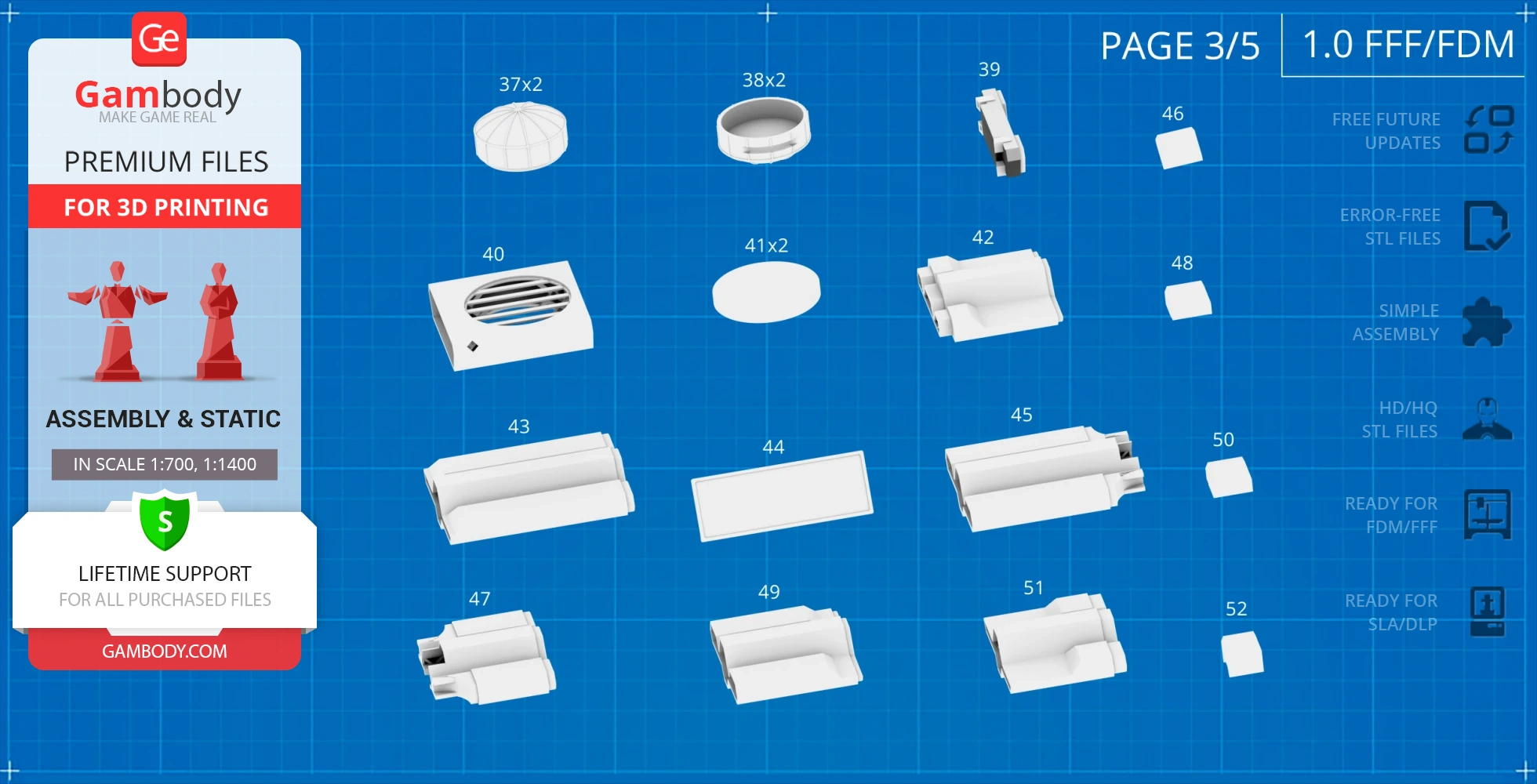 Blueprint with numbered 3D printable parts for USS Cygnus model assembly.