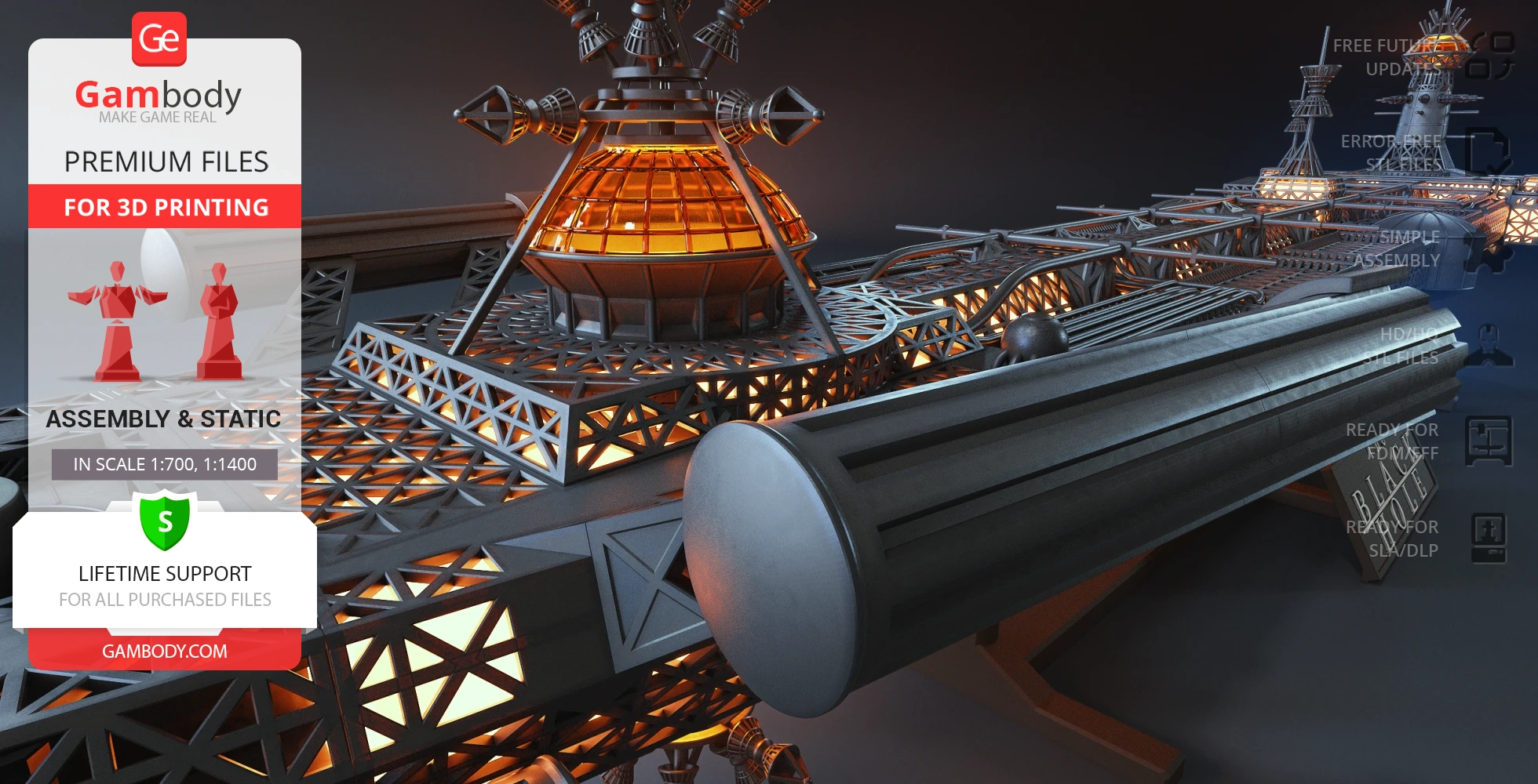 Detailed 3D model of USS Cygnus with intricate structures and glowing elements, ready for 3D printing.