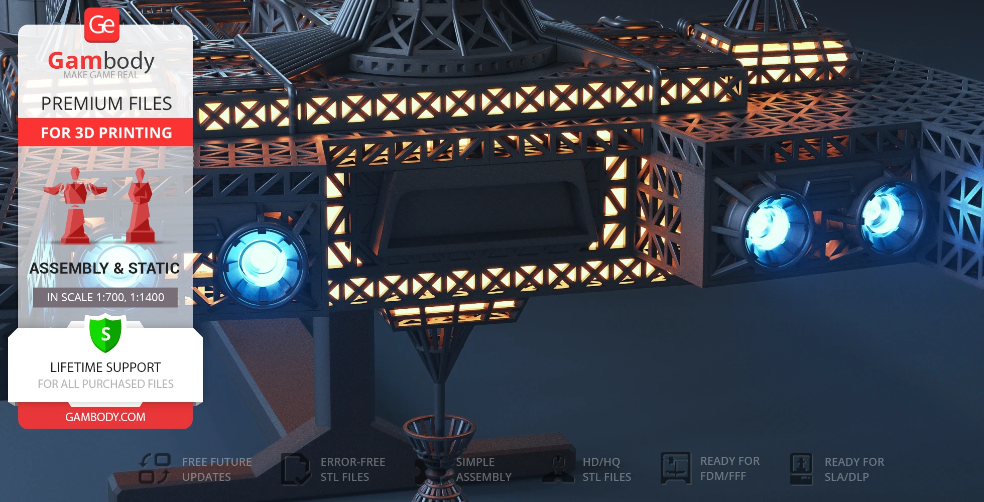 Intricate 3D model of the USS Cygnus ship with glowing details, designed for 3D printing.