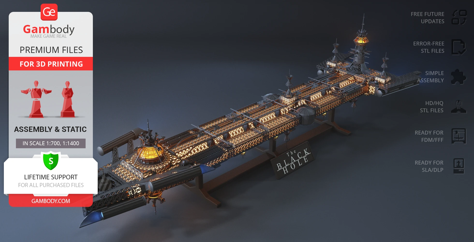 3D model of the USS Cygnus spaceship from 'The Black Hole,' displayed on a stand for printing.