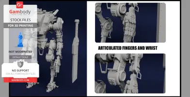 3D model of a detailed, articulated mech with a large sword, designed for 3D printing.
