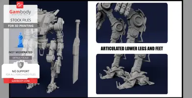 3D model of a Titan with articulated limbs and sword, for printing. Display shows legs and feet details.