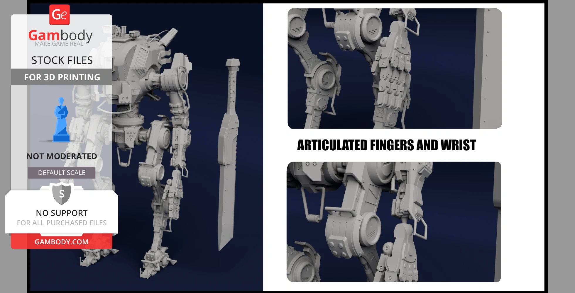 3D model of a detailed, articulated mech with a large sword, designed for 3D printing.