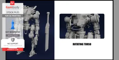 Detailed 3D model of a robot with a large sword, featuring a rotating torso.