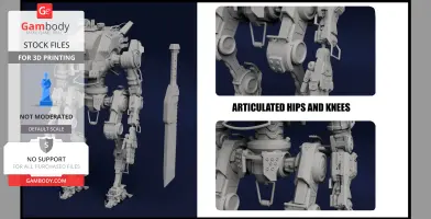 Detailed 3D model of a mech robot with articulated joints for 3D printing, showing close-ups of hips and knees.
