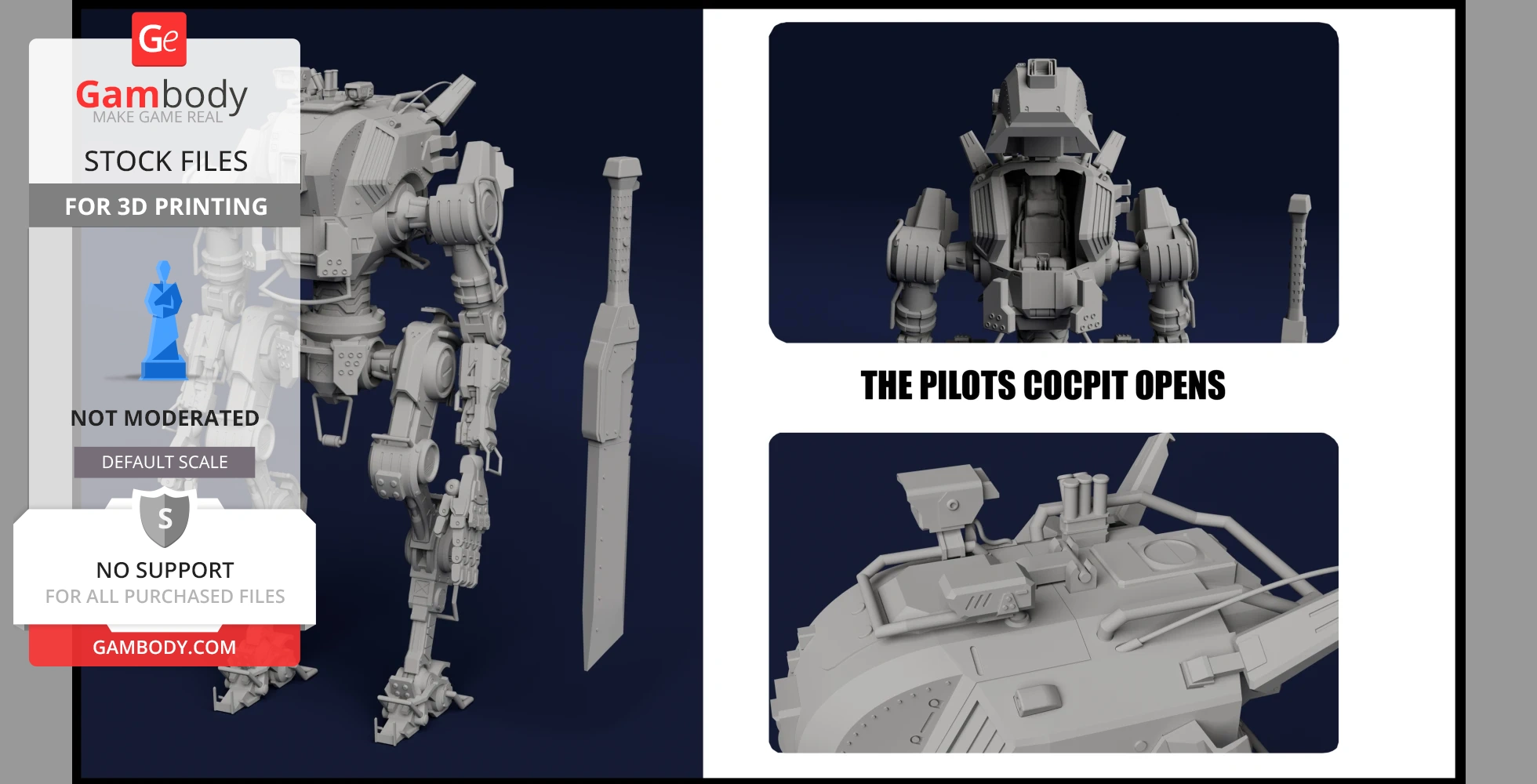 A detailed 3D model of a mech robot with an opening pilot cockpit, ready for 3D printing.