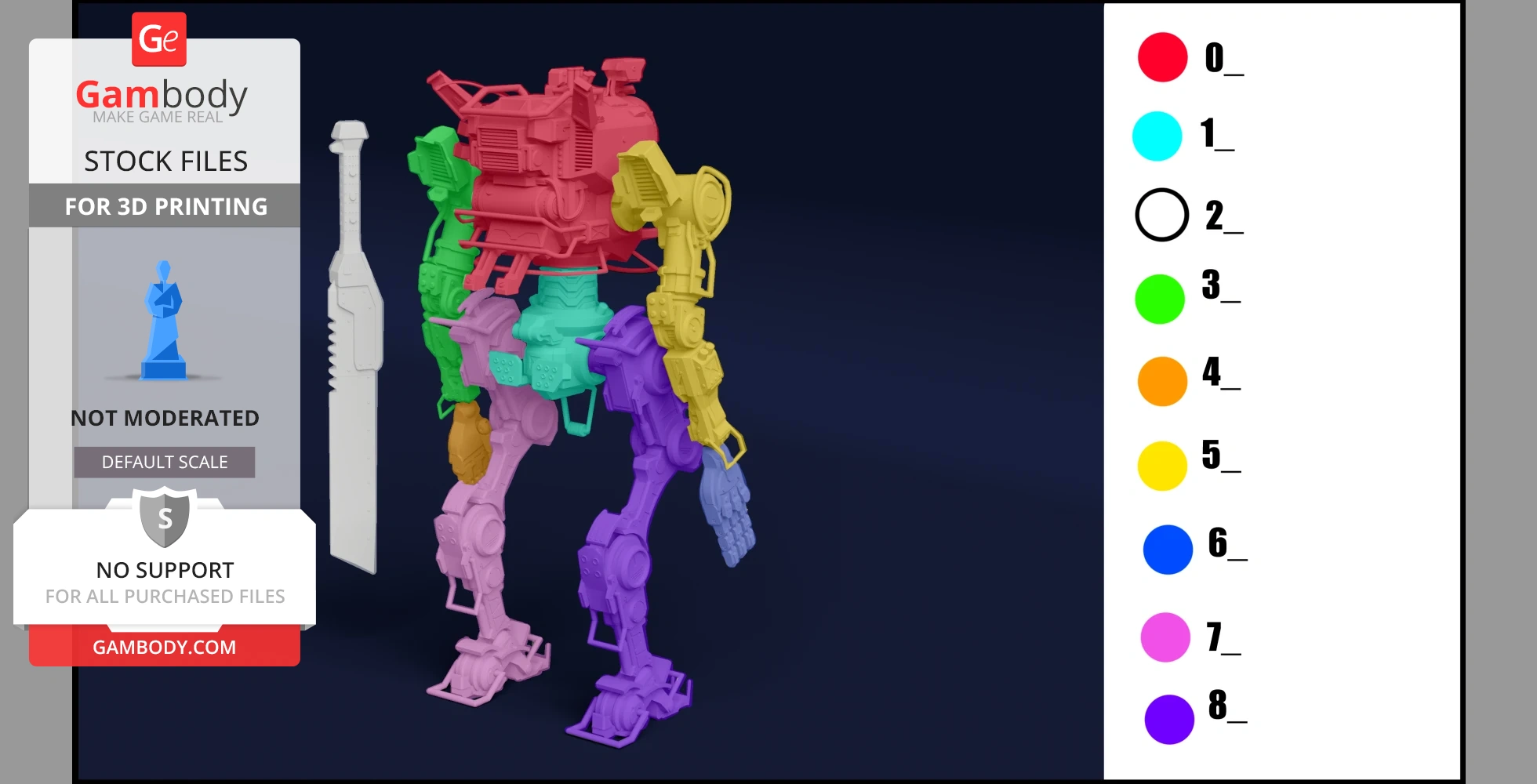 A colorful, segmented 3D model of a mech from Titanfall 2, labeled for assembly, on a Gambody stock image.