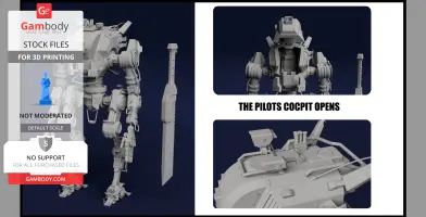 A detailed 3D model of a mech robot with an opening pilot cockpit, ready for 3D printing.