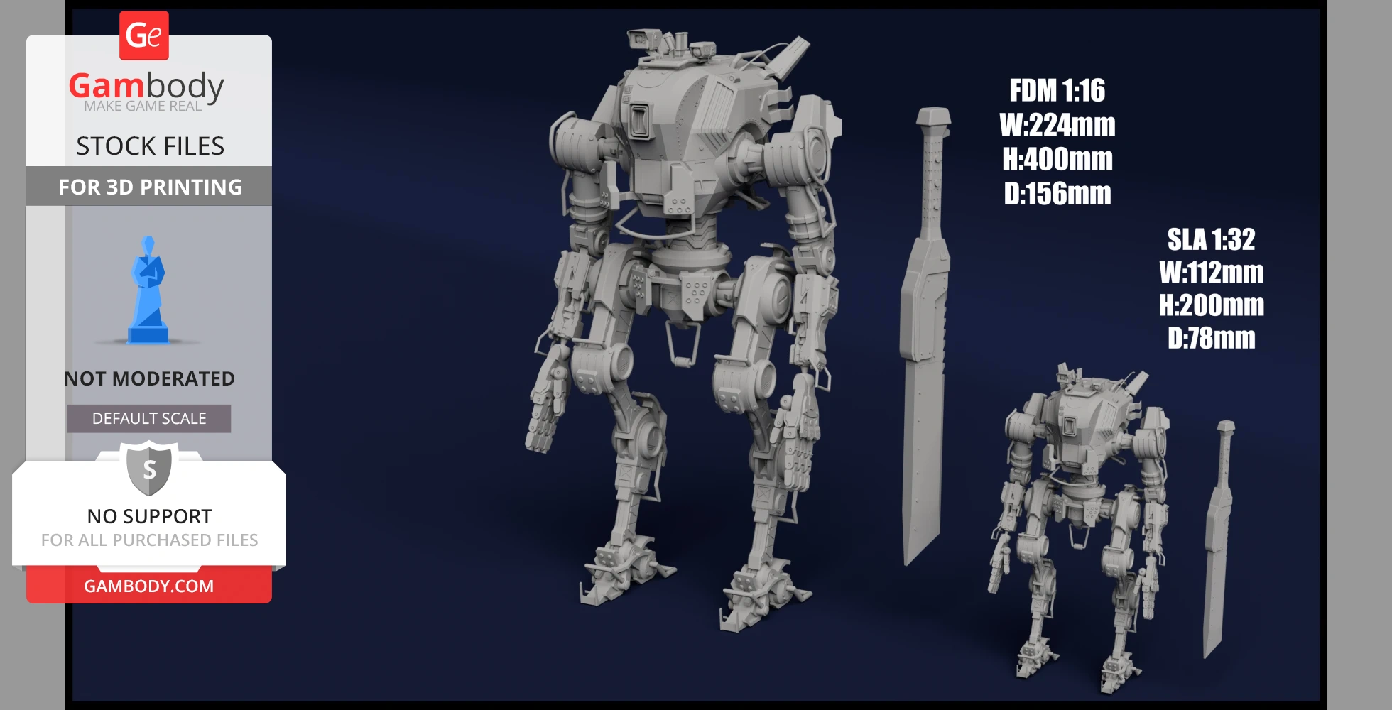 A detailed 3D model of a robot and sword from Titanfall 2 for 3D printing, shown in two scales.