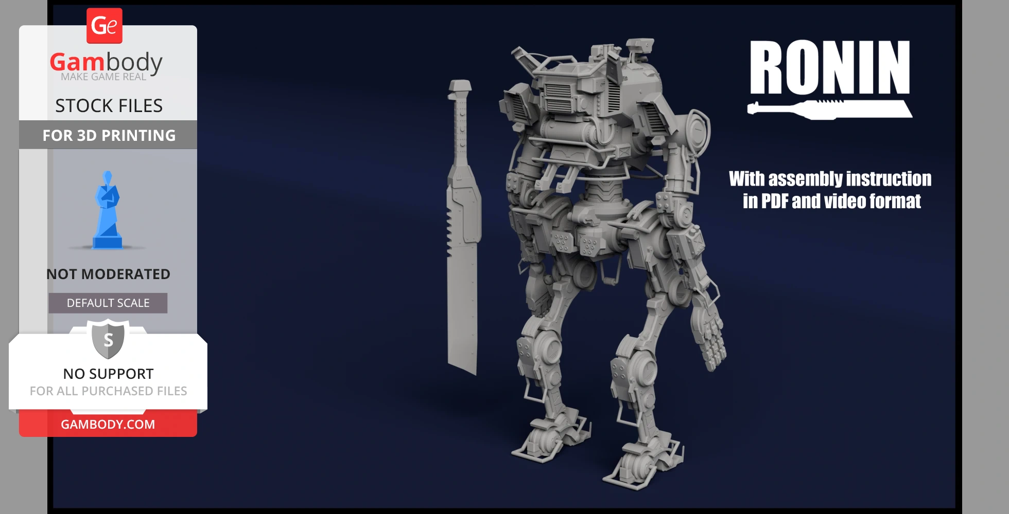 A detailed 3D model of a robotic mech with a large sword, designed for 3D printing.