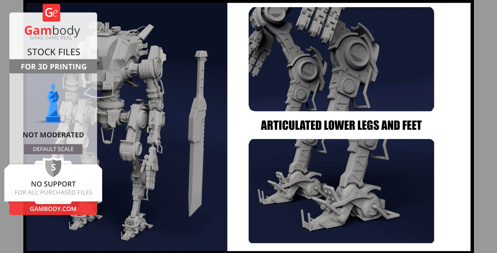 3D model of a Titan with articulated limbs and sword, for printing. Display shows legs and feet details.