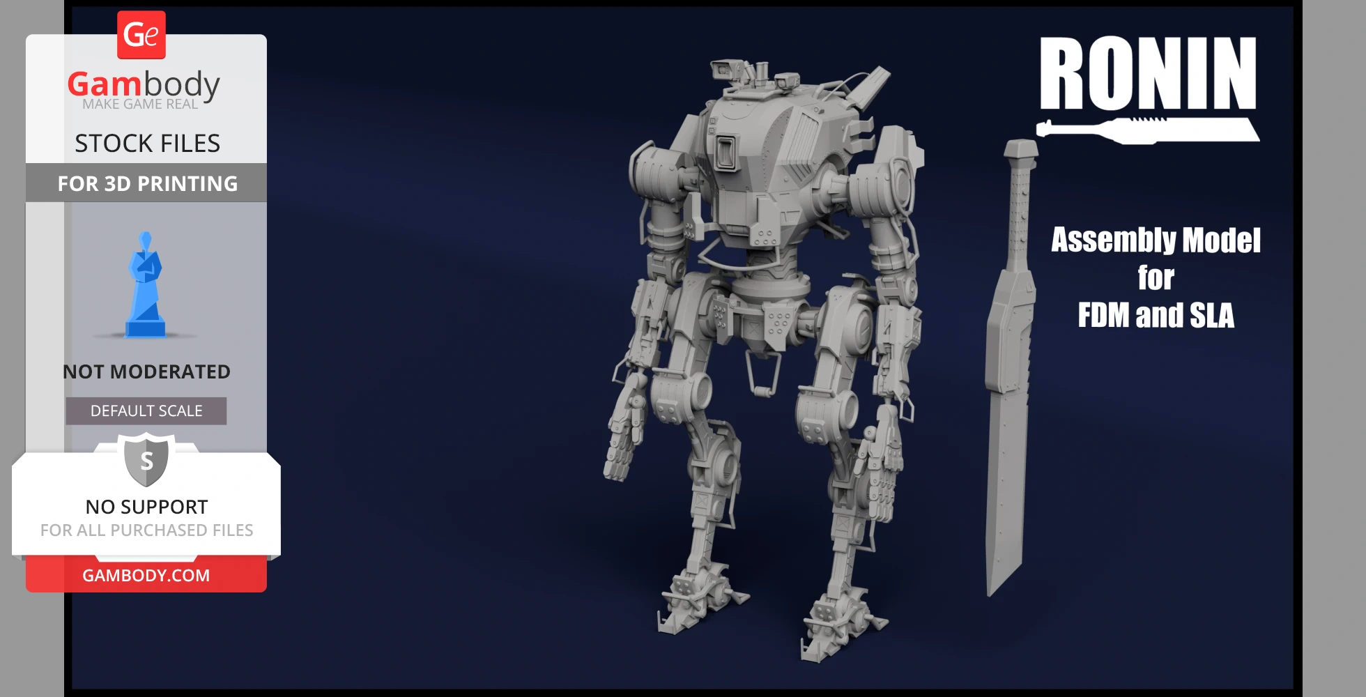 A detailed 3D model of a mech robot with a large sword, designed for 3D printing.