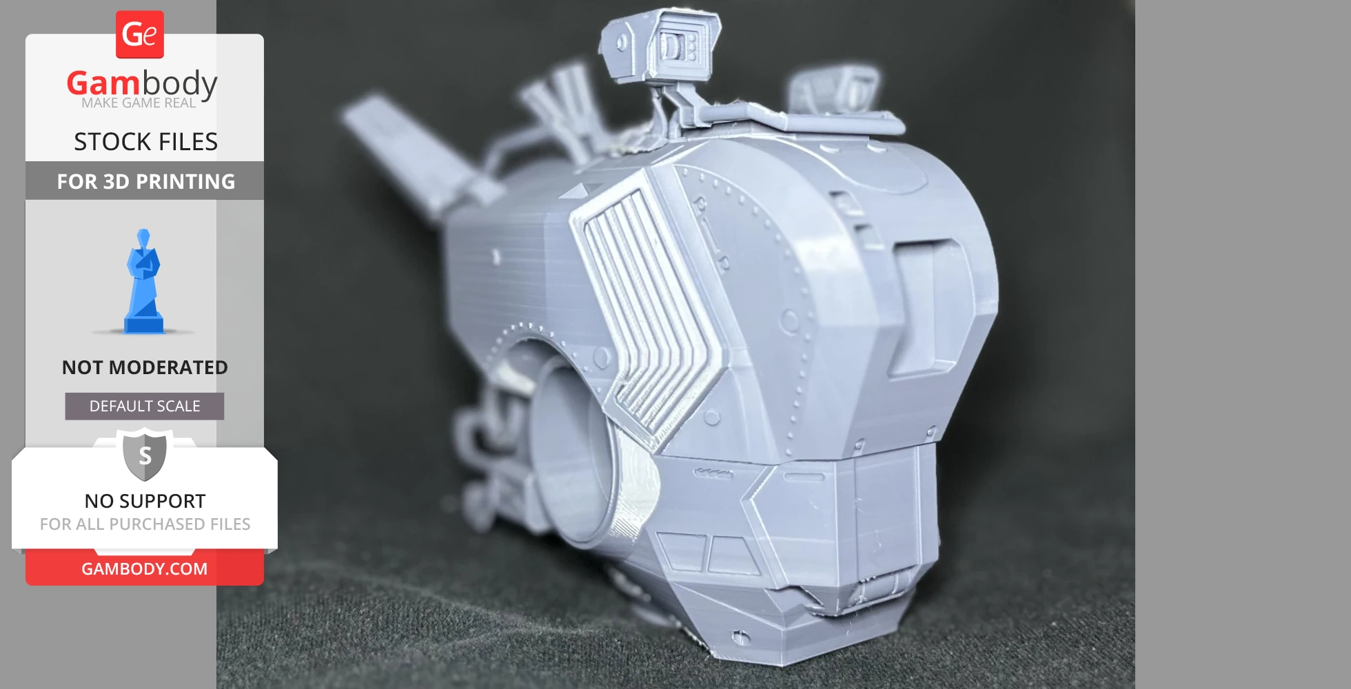 A close-up of a detailed, gray 3D-printed mech head from Titanfall 2 with visible paneling and components.