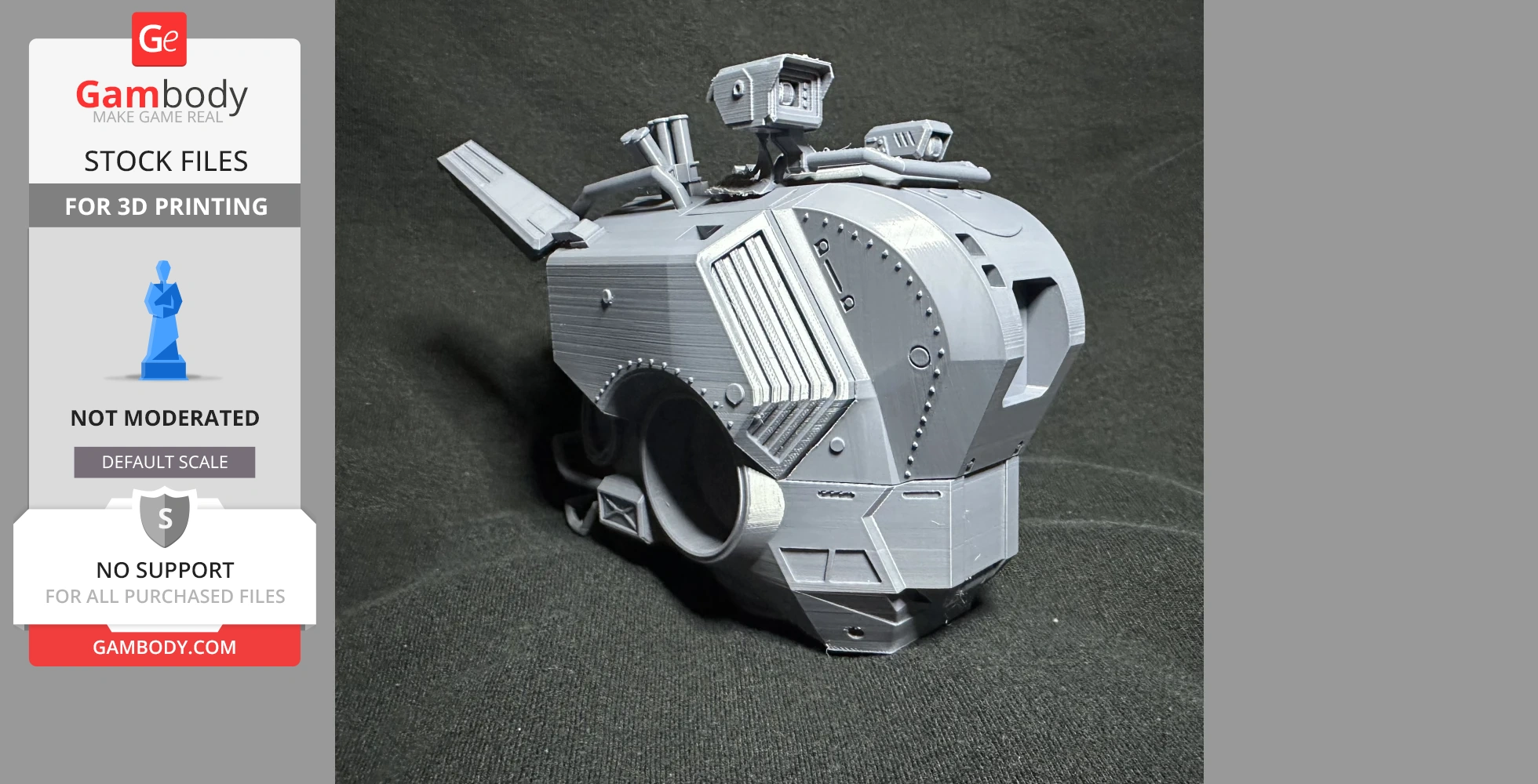 3D-printed model of a mechanical robot head with intricate details and geometric shapes.