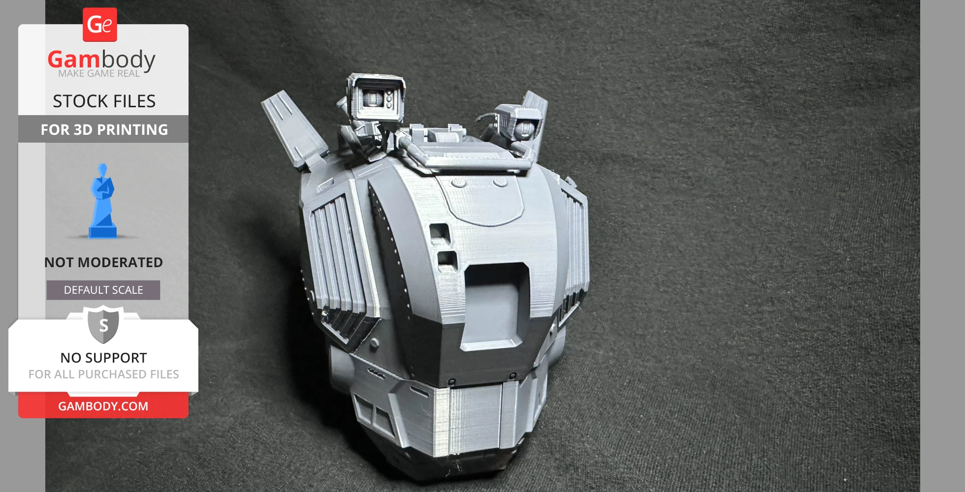 A detailed 3D-printed model of a futuristic mech torso from a video game, gray and mechanical in design.