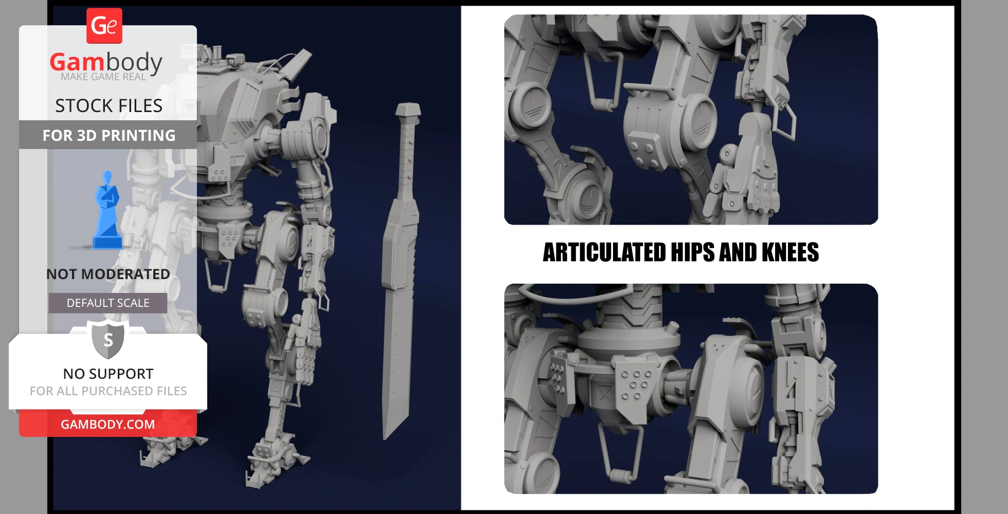 Detailed 3D model of a mech robot with articulated joints for 3D printing, showing close-ups of hips and knees.