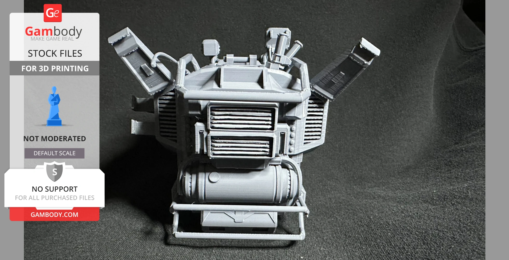 A detailed, gray 3D-printed model of a mech-like structure with vents and appendages.
