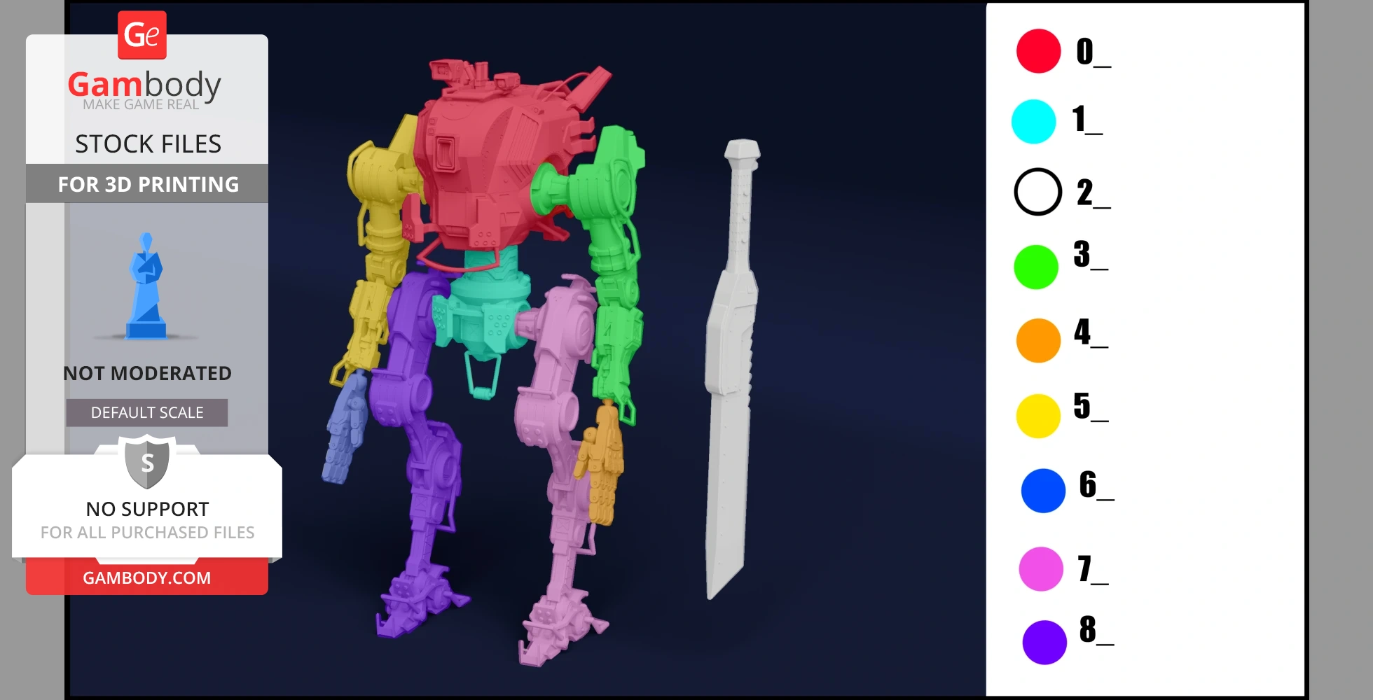 A multicolored 3D model of a Ronin mech from Titanfall 2, with separate parts and a large sword.