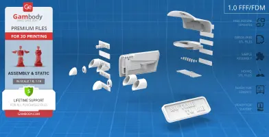 Exploded view of Aston Martin DB5 parts for 3D printing, featuring components labeled for assembly.