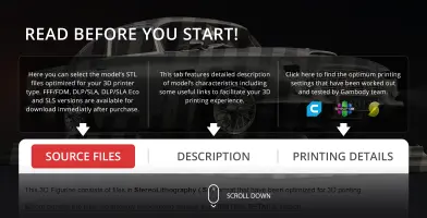 Interface for Aston Martin DB5 3D print files, with tabs for source, description, and printing details.