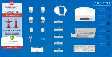 Various 3D printable parts for an Aston Martin DB5 model kit, labeled and displayed on a blueprint.