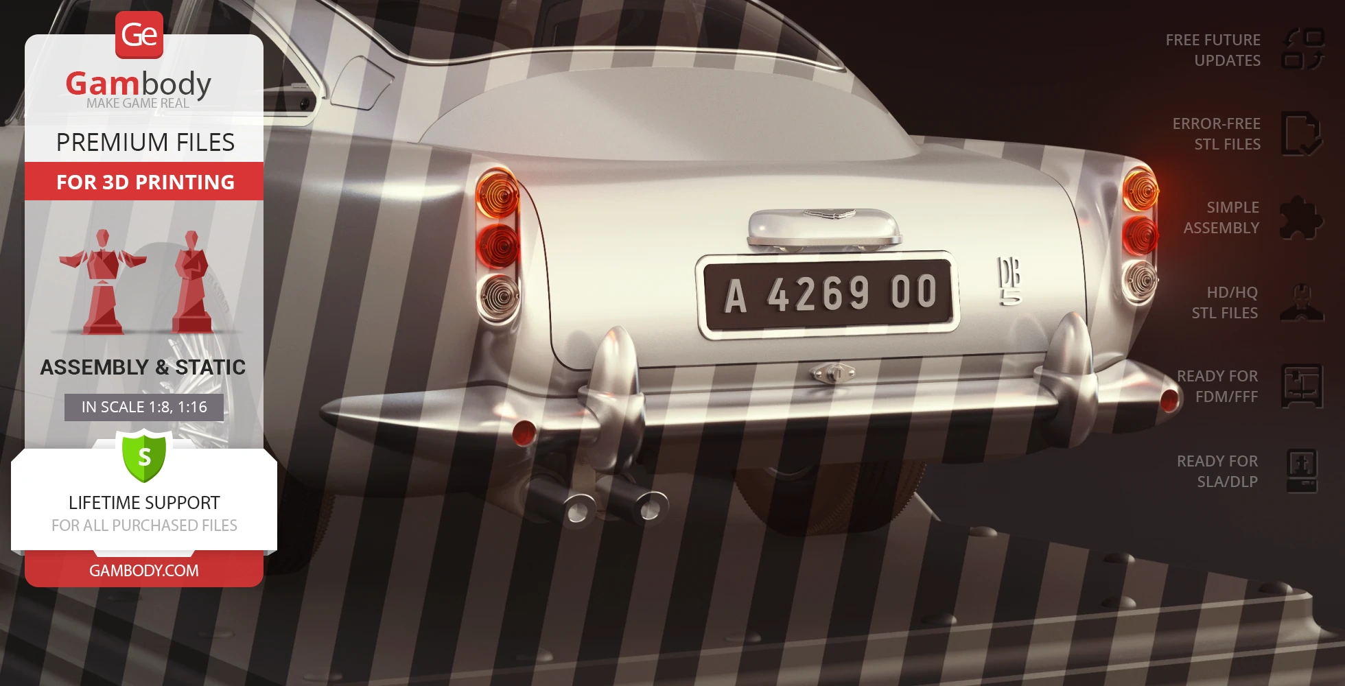 Rear view of a 3D printed Aston Martin DB5 model kit, showcasing taillights and license plate.