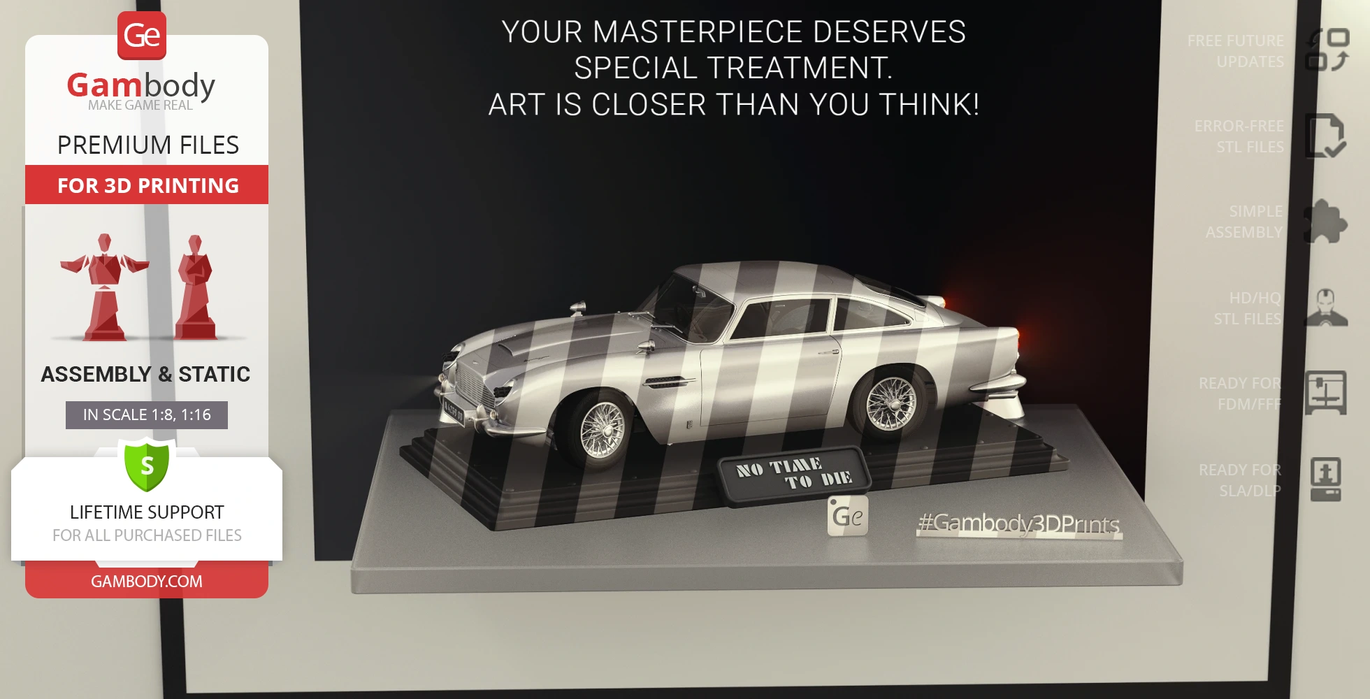 A highly detailed 3D model of an Aston Martin DB5 on a stand labeled 'No Time To Die.'