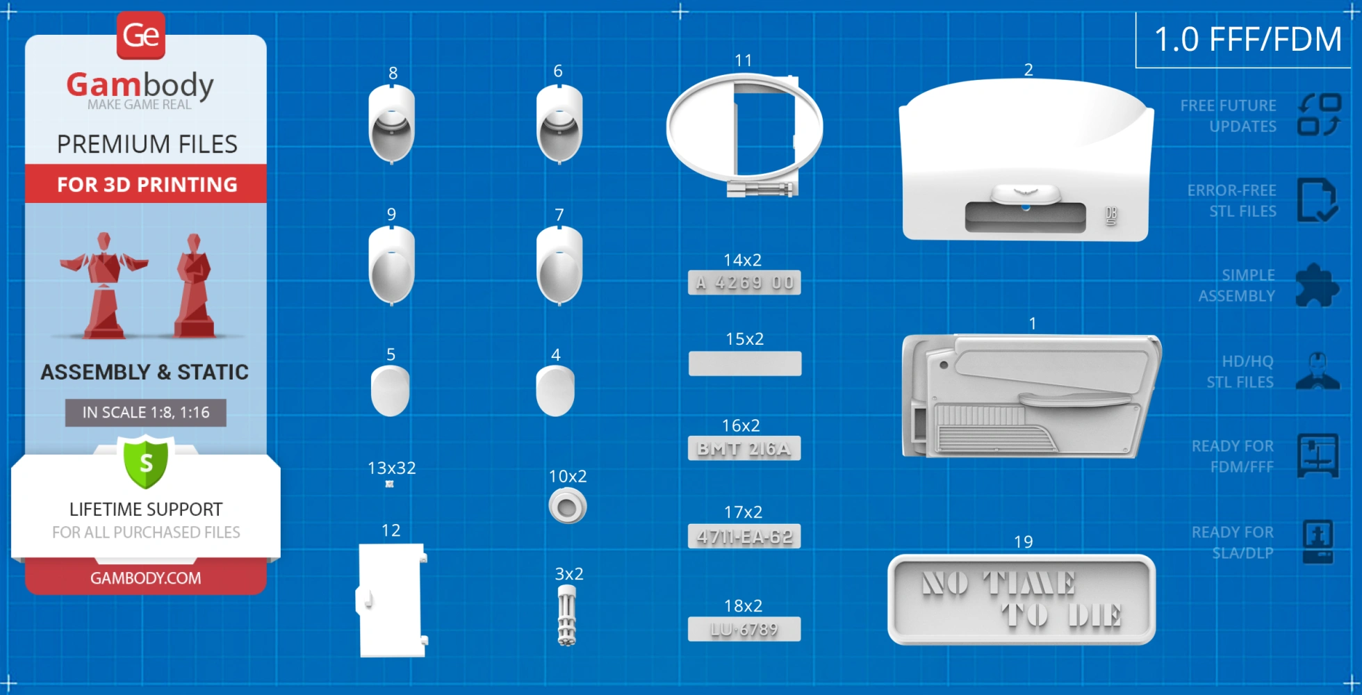 Aston Martin DB5 3D print add-on kit parts for 'No Time To Die,' displayed on a grid blueprint.