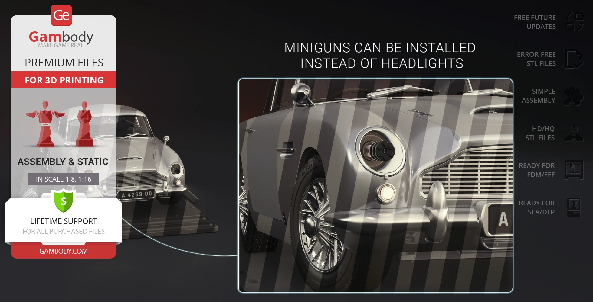 Aston Martin DB5 3D model with minigun headlights, inspired by 'No Time To Die.'