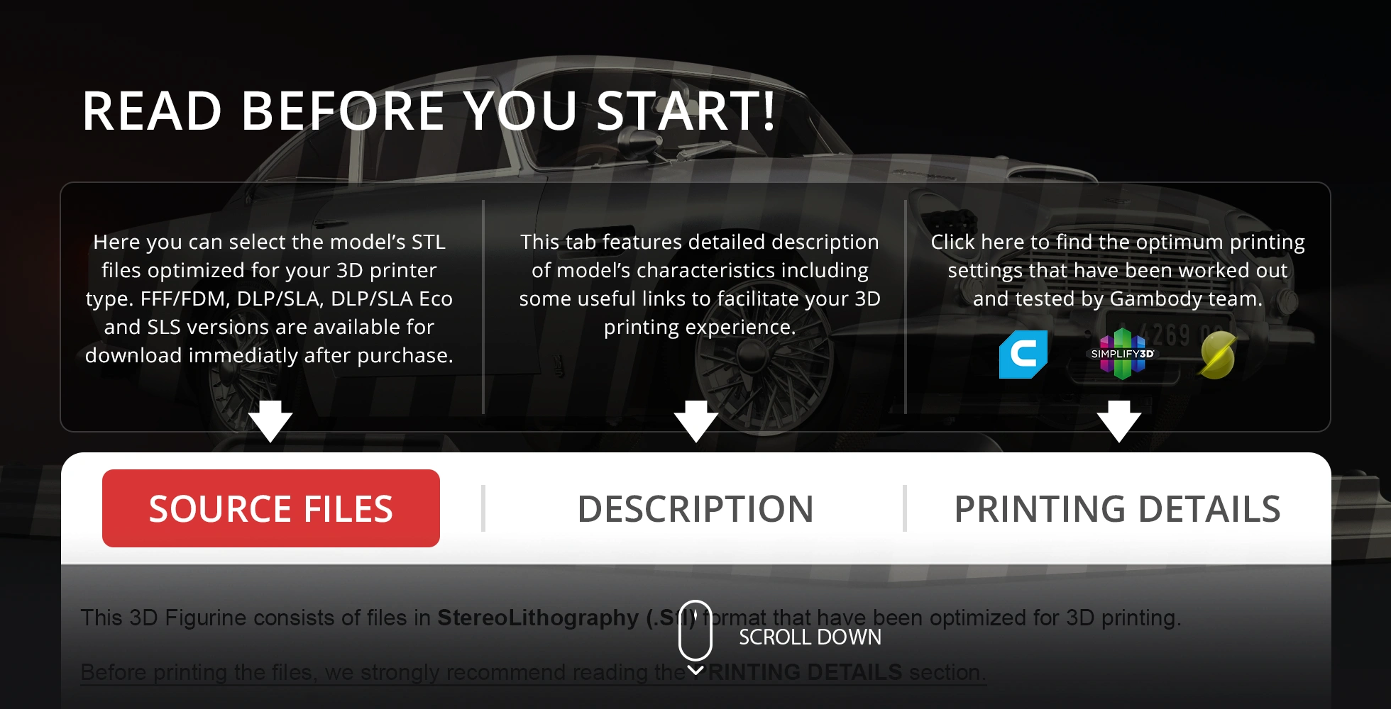 Interface for Aston Martin DB5 3D print files, with tabs for source, description, and printing details.