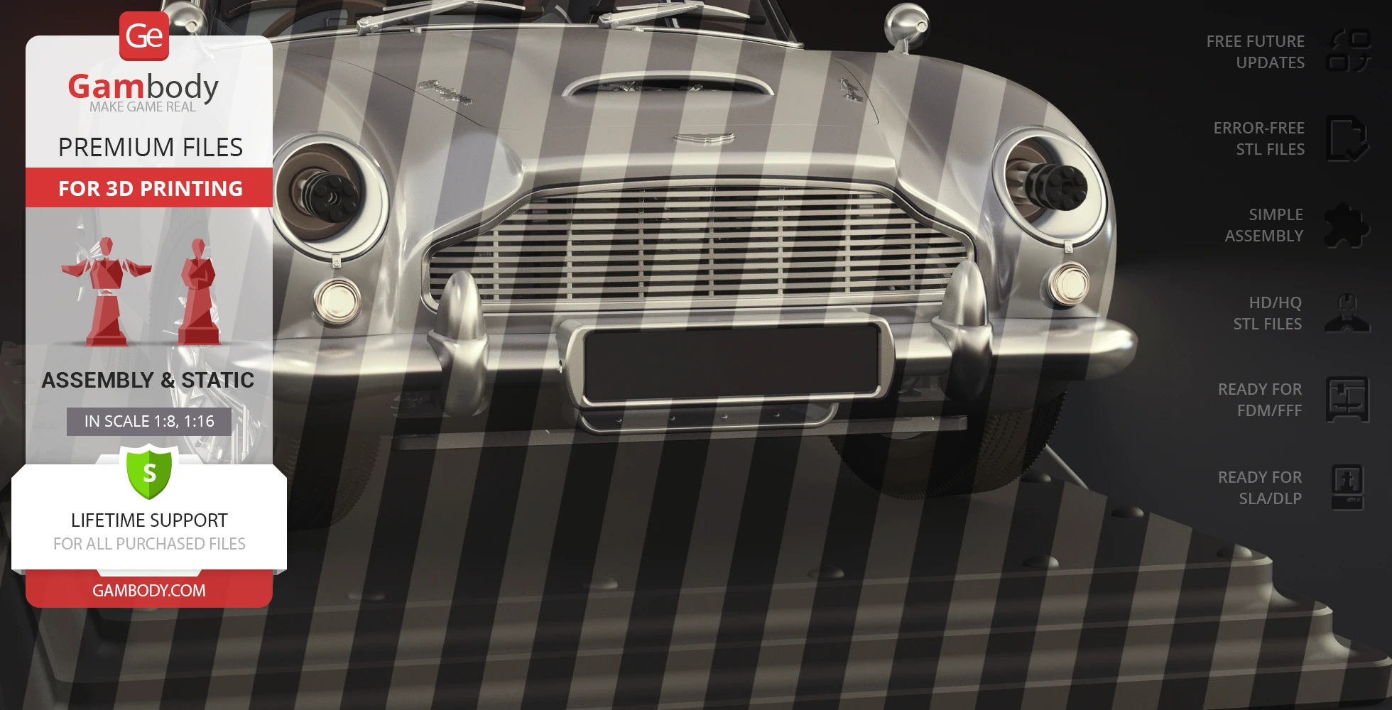 Front view of a silver Aston Martin DB5 3D print model, featuring intricate detailing.