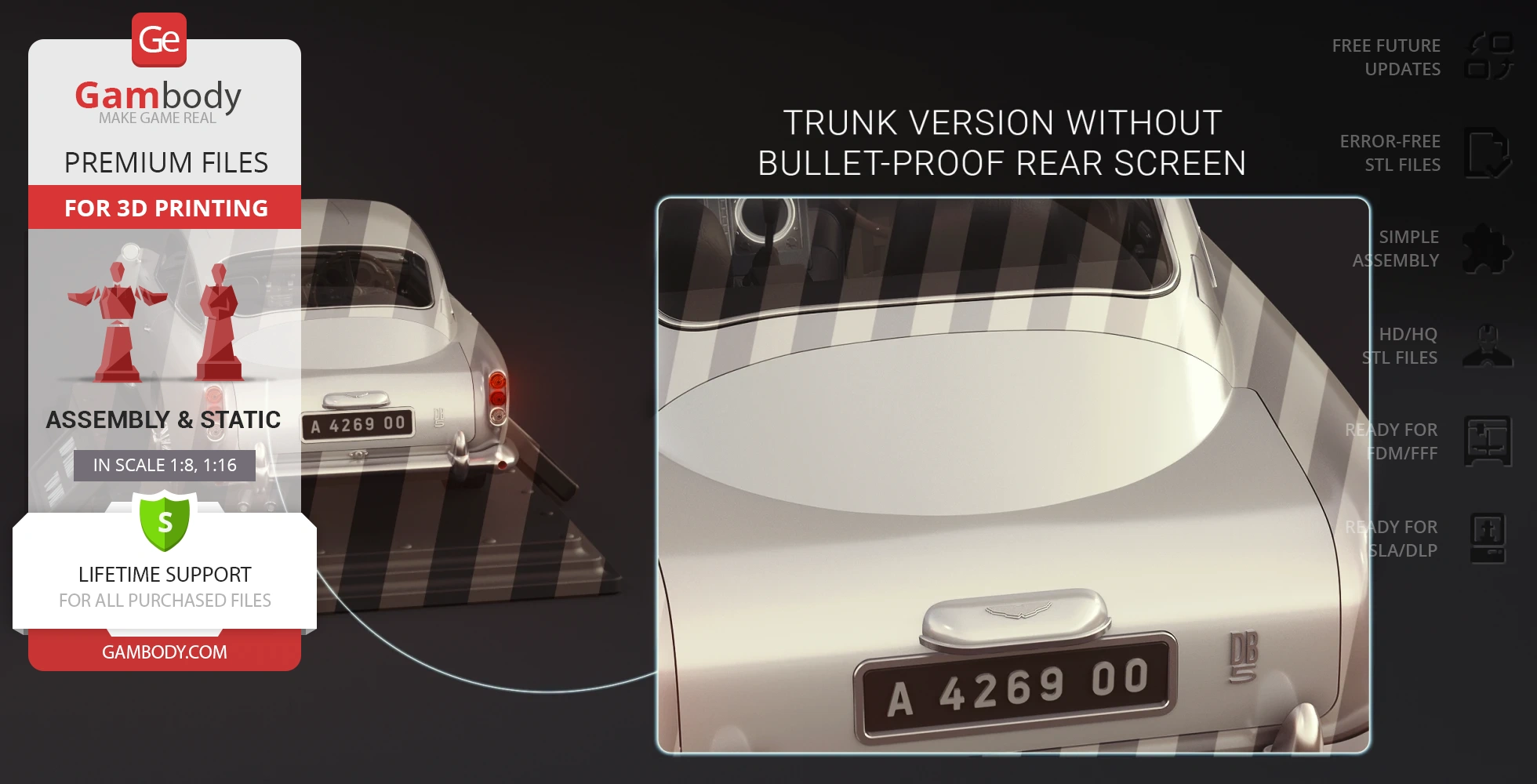 Rear view of a 3D printable Aston Martin DB5 model kit, featuring a non-bulletproof rear screen.