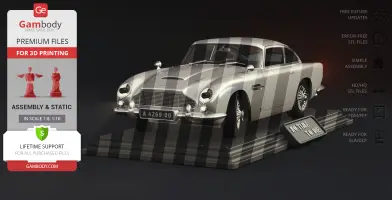 3D model of a classic Aston Martin DB5 from 'No Time To Die,' displayed on a striped platform.
