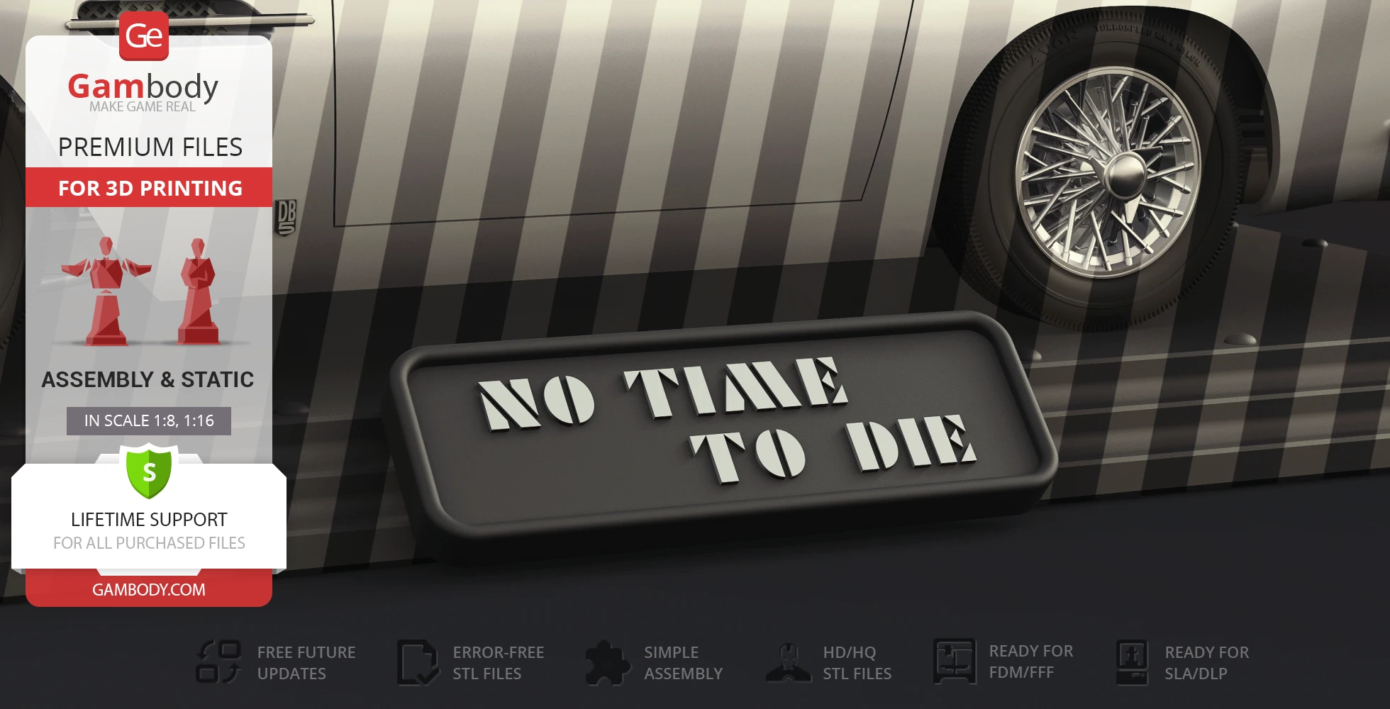 A detailed model car wheel and 'No Time To Die' license plate, highlighted in stripes.