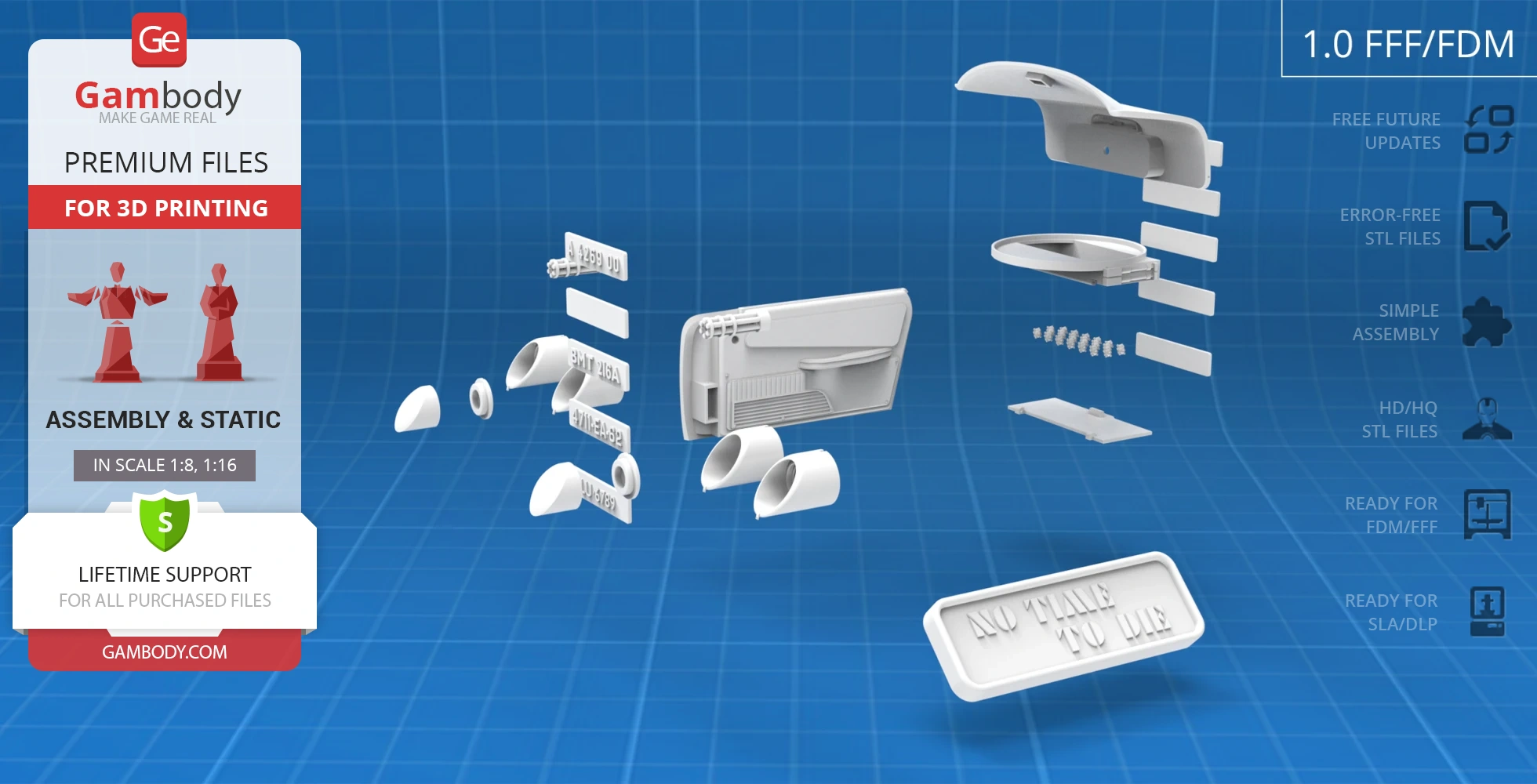 Exploded view of Aston Martin DB5 parts for 3D printing, featuring components labeled for assembly.