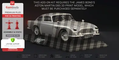 3D model of the Aston Martin DB5 from 'No Time To Die' displayed on a platform with 007 logo.