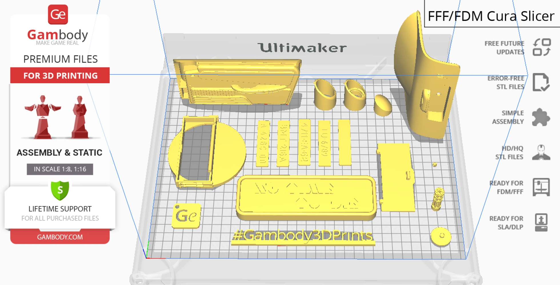 3D printable parts for Aston Martin DB5 from 'No Time To Die' displayed on a grid, ready for assembly.
