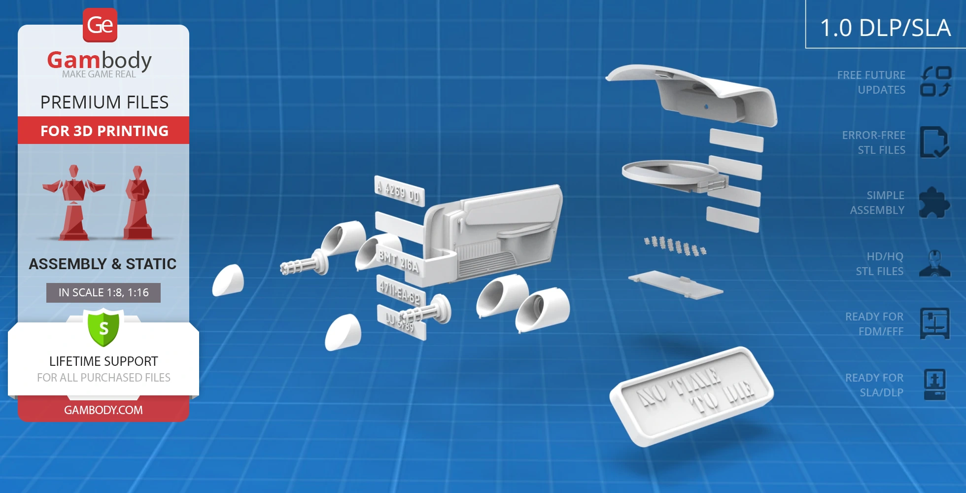 Exploded view of Aston Martin DB5 3D print add-on kit parts from 'No Time To Die' by Gambody.