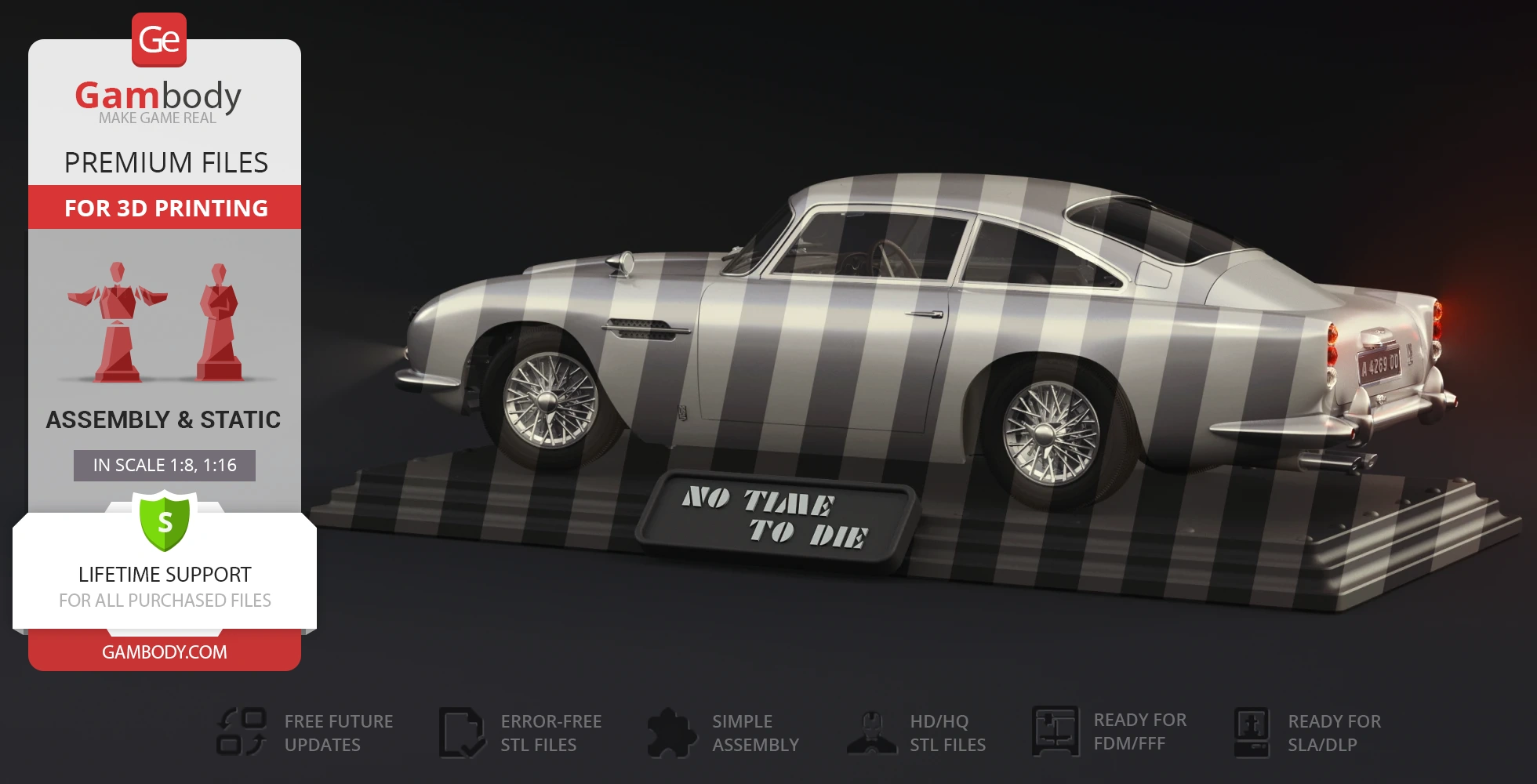 3D model of Aston Martin DB5 from 'No Time to Die' on a display stand, for 3D printing.
