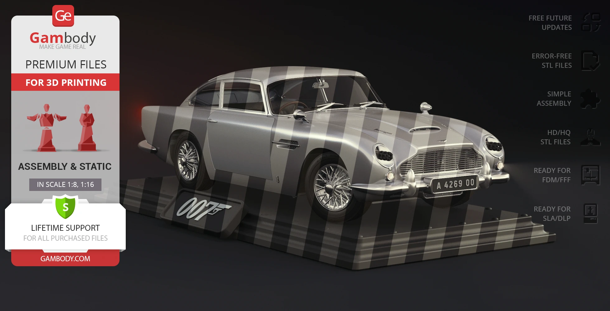 A 3D model of a silver Aston Martin DB5 from 'No Time To Die' on a display base.