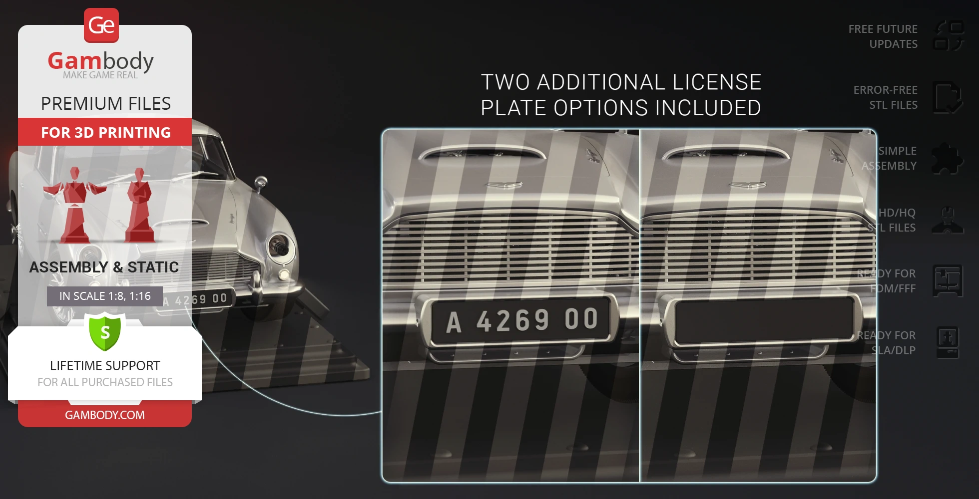 3D model of Aston Martin DB5 with interchangeable license plates for printing.