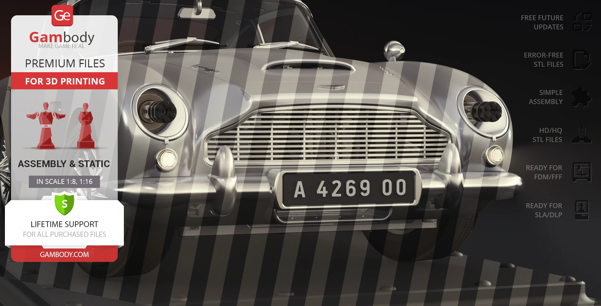 Front view of a 3D printable Aston Martin DB5 from 'No Time To Die,' featuring a detailed grille and headlights.