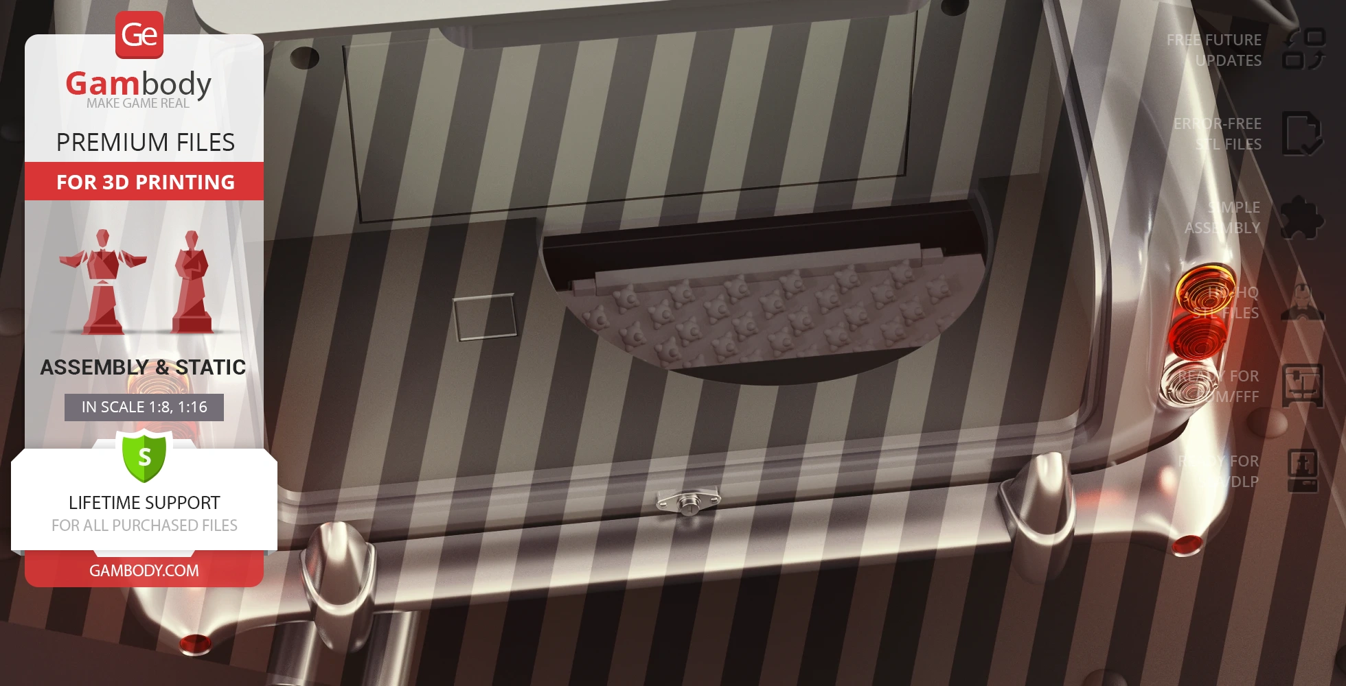 A 3D model kit for the Aston Martin DB5 from 'No Time To Die,' with assembly and printing details.