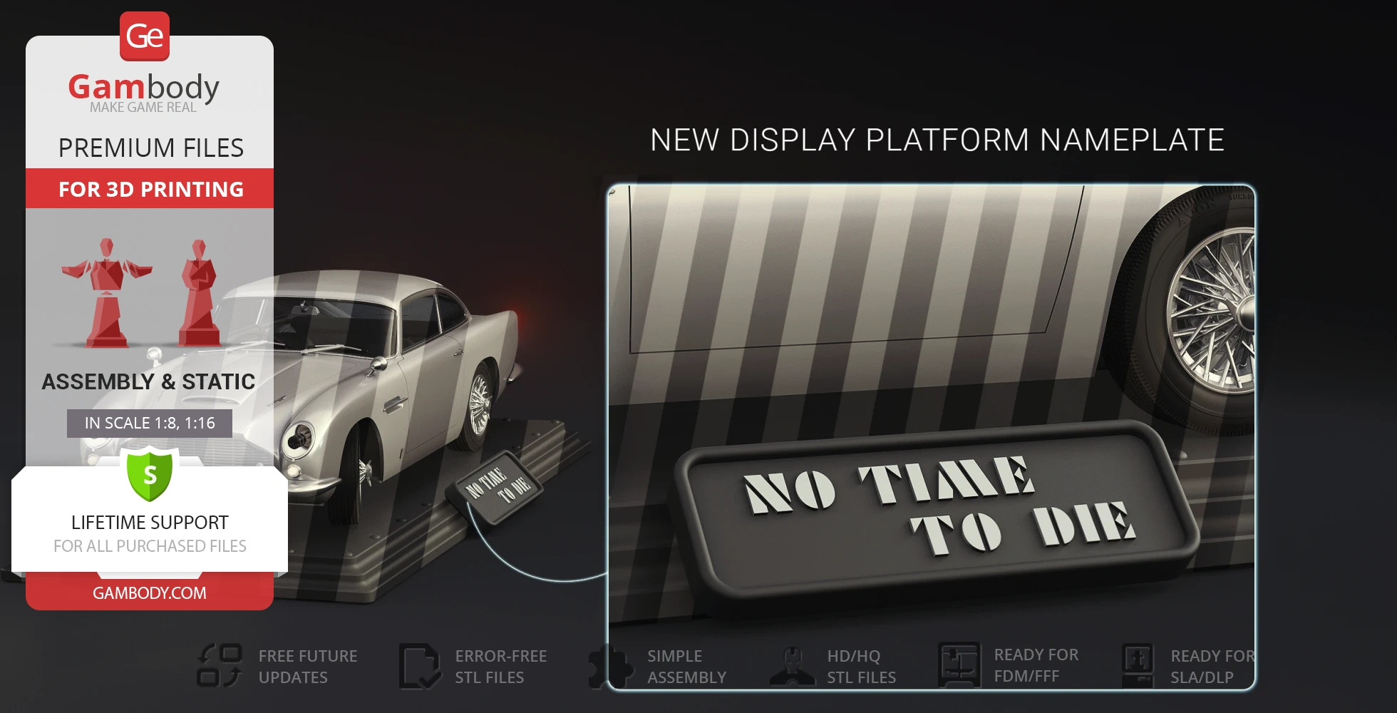 3D printable Aston Martin DB5 model from 'No Time To Die' with nameplate display kit.