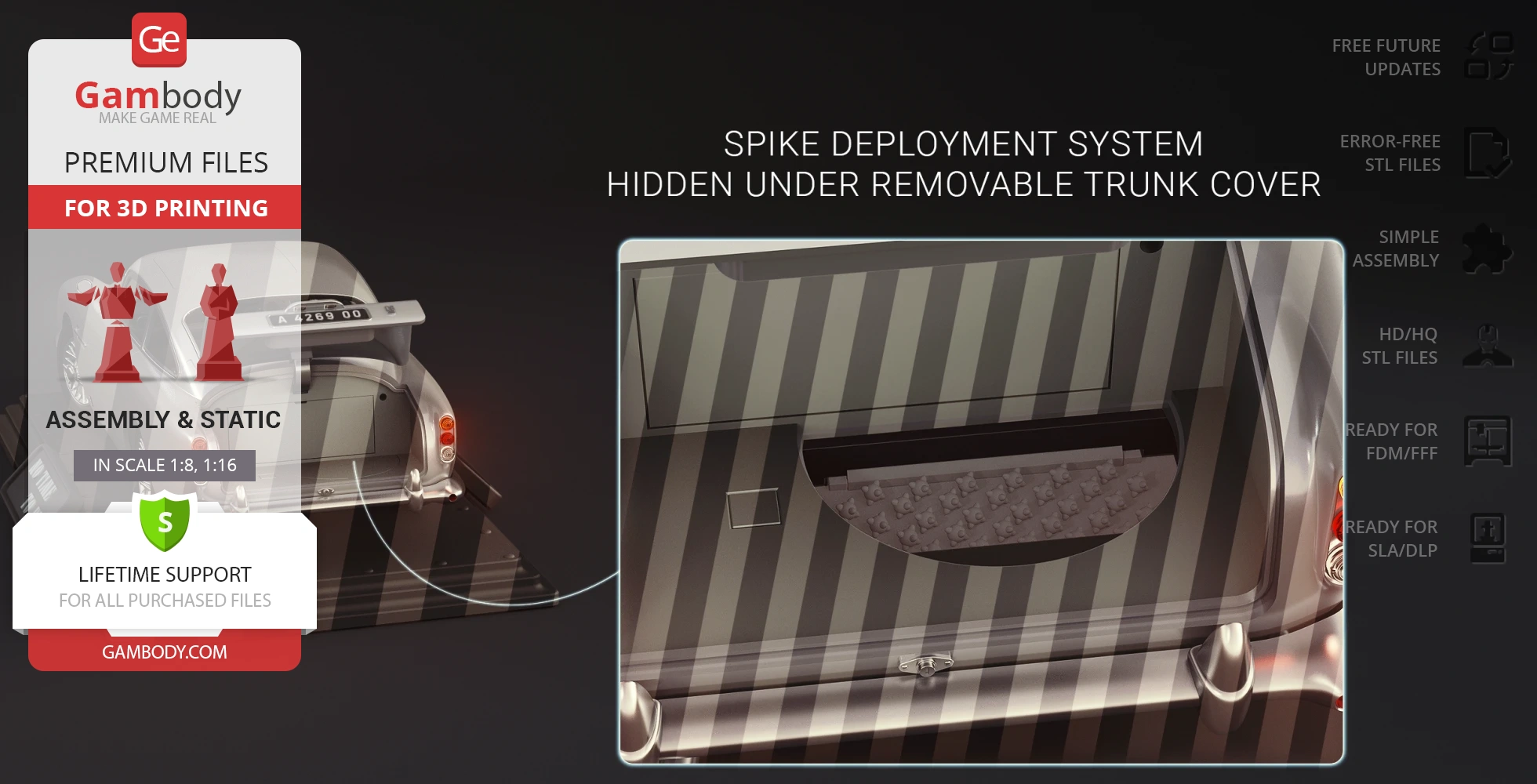 A 3D model kit of an Aston Martin DB5 with a spike deployment system under the trunk cover.