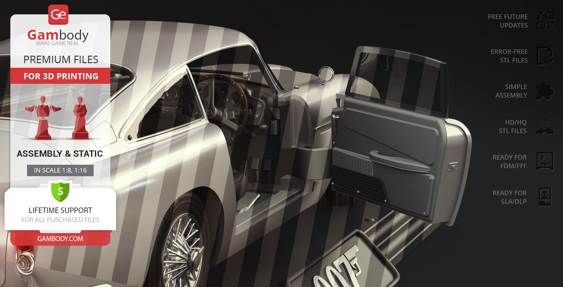 Aston Martin DB5 modeled for 3D printing, featuring open doors and detailed interior.