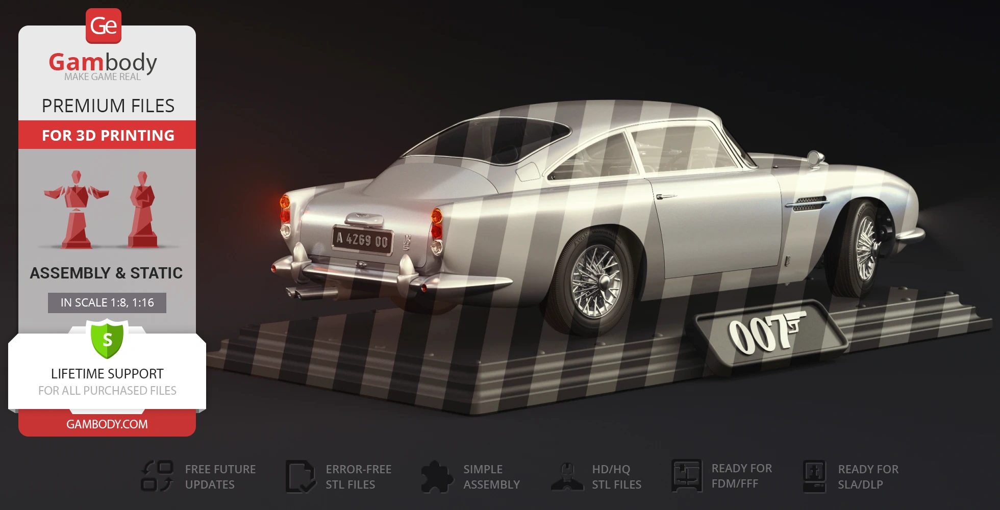 A detailed 3D model of an Aston Martin DB5 on a display base, themed for 'No Time To Die' with 007 emblem.