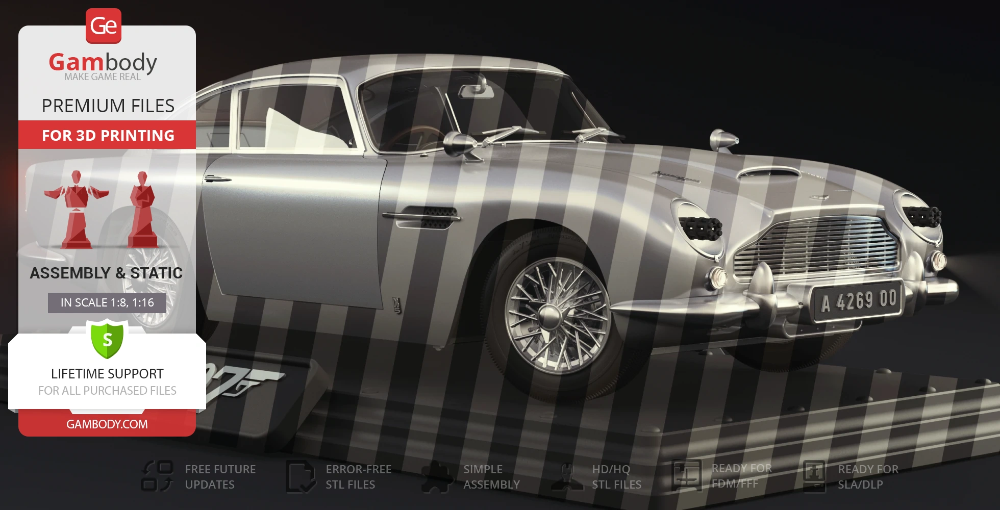 Silver Aston Martin DB5 3D print model from 'No Time To Die,' displayed on Gambody platform.