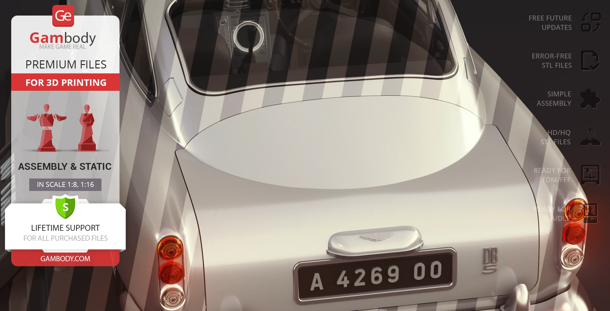 Rear view of a 3D model of Aston Martin DB5 with license plate and logos, optimized for 3D printing.