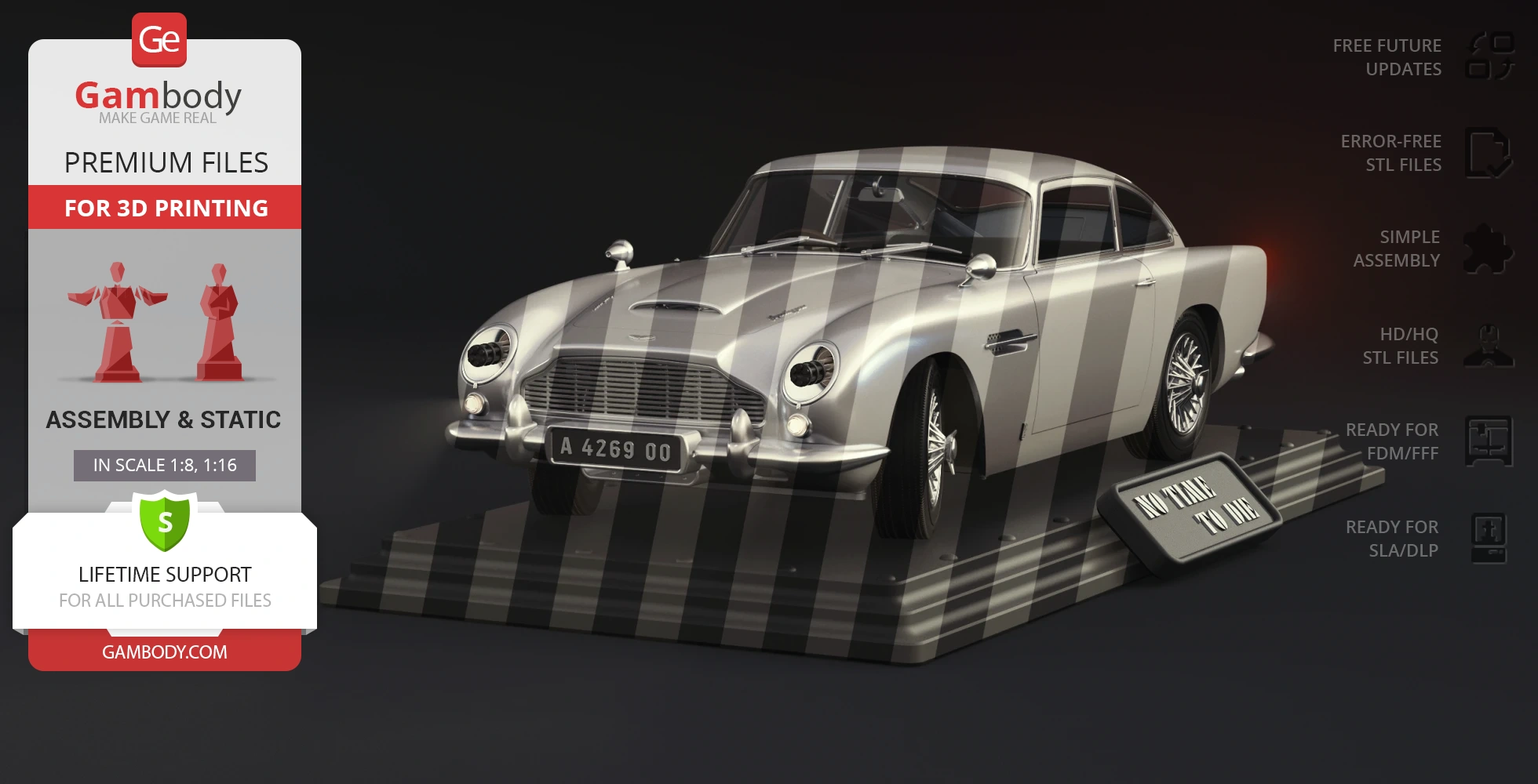 3D model of a classic Aston Martin DB5 from 'No Time To Die,' displayed on a striped platform.